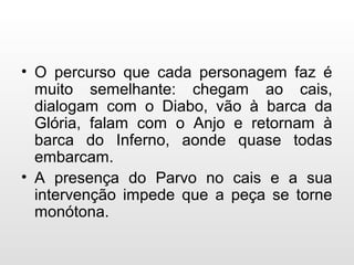 • O percurso que cada personagem faz é
muito semelhante: chegam ao cais,
dialogam com o Diabo, vão à barca da
Glória, falam com o Anjo e retornam à
barca do Inferno, aonde quase todas
embarcam.
• A presença do Parvo no cais e a sua
intervenção impede que a peça se torne
monótona.
 