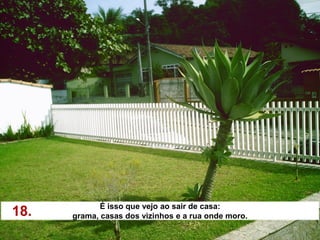 É isso que vejo ao sair de casa:
18.   grama, casas dos vizinhos e a rua onde moro.
 
