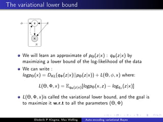 The variational lower bound
We will learn an approximate of pΘ(z|x) : qΦ(z|x) by
maximizing a lower bound of the log-likelihood of the data
We can write :
logpΘ(x) = DKL(qΦ(z|x)||pΘ(z|x)) + L(Θ, φ, x) where:
L(Θ, Φ, x) = EqΦ(z|x)[logpΘ(x, z) − logqφ
(z|x)]
L(Θ, Φ, x)is called the variational lower bound, and the goal is
to maximize it w.r.t to all the parameters (Θ, Φ)
Diederik P Kingma, Max Welling Auto-encoding variational Bayes
 