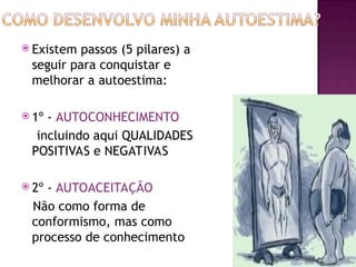  Existem passos (5 pilares) a
seguir para conquistar e
melhorar a autoestima:
 1º - AUTOCONHECIMENTO
incluindo aqui QUALIDADES
POSITIVAS e NEGATIVAS
 2º - AUTOACEITAÇÃO
Não como forma de
conformismo, mas como
processo de conhecimento
 