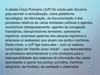 A Janela Única Portuária (JUP) foi criada pelo Governo
para permitir a centralização, numa plataforma
tecnológica, da informação, da documentação e dos
processos relativos às várias entidades públicas e agentes
económicos (designadamente, agentes de navegação,
transitários, transportadores terrestres, operadores
logísticos, empresas gestoras dos parques logísticos e
empresas aí sedeadas) que atuam nos portos marítimos.
Deste modo, a JUP liga todos eles – num só sistema,
numa lógica de “balcão único virtual” – que desmaterializa
os processos administrativos e cria condições para a
interoperabilidade dos sistemas de informação das várias
autoridades a operar nos portos: portuária, marítima,
aduaneira, de fronteira, de sanidade e veterinária. 13
 