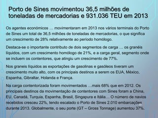 Porto de Sines movimentou 36,5 milhões de
toneladas de mercadorias e 931.036 TEU em 2013
Os agentes económicos … movimentaram em 2013 nos vários terminais do Porto
de Sines um total de 36,5 milhões de toneladas de mercadorias, o que significa
um crescimento de 28% relativamente ao período homólogo.
Destaca-se o importante contributo de dois segmentos de carga … os granéis
líquidos, com um crescimento homólogo de 21%, e a carga geral, segmento onde
se incluem os contentores, que atingiu um crescimento de 77%.
Nos graneis líquidos as exportações de gasolinas e gasóleos tiveram um
crescimento muito alto, com os principais destinos a serem os EUA, México,
Espanha, Gibraltar, Holanda e França.
Na carga contentorizada foram movimentados …mais 68% que em 2012. Os
principais destinos da movimentação de contentores com Sines foram a China,
EU, Canadá, Turquia, Espanha, Brasil, Singapura e Itália… O número de navios
recebidos cresceu 22%, tendo escalado o Porto de Sines 2.010 embarcações
durante 2013. Globalmente, o seu porte (GT – Gross Tonnage) aumentou 37%.
22
 