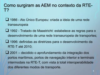  1986 - Ato Único Europeu: criada a ideia de uma rede
transeuropeia
 1992 - Tratado de Maastricht: estabelece as regras para o
desenvolvimento de uma rede transeuropeia de transportes;
 1996: definidas as diretrizes para o desenvolvimento da
RTE-T até 2010;
 2001 – decidido o aprofundamento da integração dos
portos marítimos, portos de navegação interior e terminais
intermodais na RTE-T, com vista à total interoperabilidade
dos diferentes modos de transporte.
Como surgiram as AEM no contexto da RTE-
T?
5
 