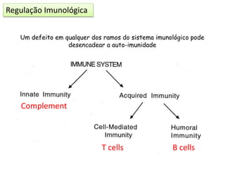 Um defeito em qualquer dos ramos do sistema imunológico pode
desencadear a auto-imunidade
Complement
T cells B cells
Regulação Imunológica
 