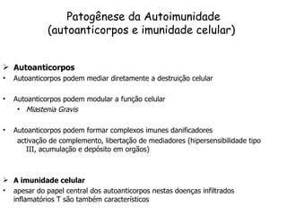 Patogênese da Autoimunidade (autoanticorpos e imunidade celular) ) Autoanticorpos Autoanticorpos podem mediar diretamente a destruição celular Autoanticorpos podem modular a função celular Miastenia Gravis Autoanticorpos podem formar complexos imunes danificadores activação de complemento, libertação de mediadores (hipersensibilidade tipo III, acumulação e depósito em orgãos) A imunidade celular apesar do papel central dos autoanticorpos nestas doenças infiltrados inflamatórios T são também característicos 