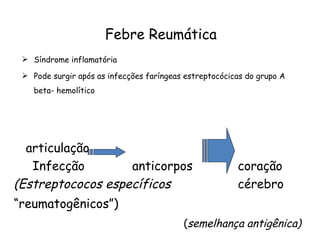 Febre Reumática Síndrome inflamatória  Pode surgir após as infecções faríngeas estreptocócicas do grupo A beta- hemolítico articulação Infecção    anticorpos  coração (Estreptococos específicos   cérebro “ reumatogênicos”) ( semelhança antigênica) 