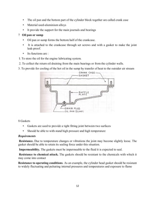 12
• The oil pan and the bottom part of the cylinder block together are called crank case
• Material used-aluminium alloys
• It provide the support for the main journals and bearings
7 Oil pan or sump
• Oil pan or sump forms the bottom half of the crankcase.
• It is attached to the crankcase through set screws and with a gasket to make the joint
leak-proof.
• Its functions are :
I. To store the oil for the engine lubricating system.
2. To collect the return oil draining from the main bearings or from the cylinder walls.
3. To provide for cooling of the hot oil in the sump by transfer of heat to the outsider air stream
8 Gaskets
• Gaskets are used to provide a tight fitting joint between two surfaces
• Should be able to with stand high pressure and high temperature
Requirements
Resistance. Due to temperature changes or vibrations the joint may become slightly loose. The
gasket should be able to retain its sealing force under this situation.
Impermeability. The gaskets must be impermeable to the fluid it is expected to seal.
Resistance to chemical attack. The gaskets should be resistant to the chemicals with which it
may come into contact
Resistance to operating conditions. As an example, the cylinder head gasket should be resistant
to widely fluctuating and pulsating internal pressures and temperatures and exposure to flame
 