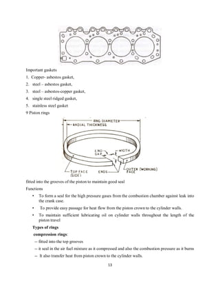 13
Important gaskets
1. Copper- asbestos gasket,
2. steel – asbestos gasket,
3. steel – asbestos-copper gasket,
4. single steel ridged gasket,
5. stainless steel gasket
9 Piston rings
fitted into the grooves of the piston to maintain good seal
Functions
• To form a seal for the high pressure gases from the combustion chamber against leak into
the crank case.
• To provide easy passage for heat flow from the piston crown to the cylinder walls.
• To maintain sufficient lubricating oil on cylinder walls throughout the length of the
piston travel
Types of rings
compression rings:
-- fitted into the top grooves
-- it seal in the air fuel mixture as it compressed and also the combustion pressure as it burns
-- It also transfer heat from piston crown to the cylinder walls.
 