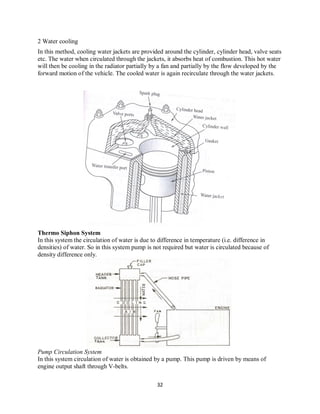 32
2 Water cooling
In this method, cooling water jackets are provided around the cylinder, cylinder head, valve seats
etc. The water when circulated through the jackets, it absorbs heat of combustion. This hot water
will then be cooling in the radiator partially by a fan and partially by the flow developed by the
forward motion of the vehicle. The cooled water is again recirculate through the water jackets.
Thermo Siphon System
In this system the circulation of water is due to difference in temperature (i.e. difference in
densities) of water. So in this system pump is not required but water is circulated because of
density difference only.
Pump Circulation System
In this system circulation of water is obtained by a pump. This pump is driven by means of
engine output shaft through V-belts.
 