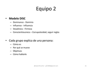 • Modelo DISC
– Dominance - Dominio
– Influence - Influencia
– Steadiness - Firmeza
– Conscientiousness – Escrupulosidad, seguir reglas
• Cada grupo explica de una persona:
– Cómo es
– Por qué se mueve
– Objetivos
– Cómo hablarle
Equipo 2
@JavierPerezFer - jpf1980@gmail.com 31
 