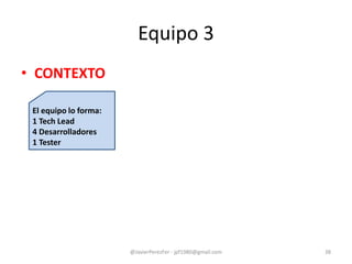 Equipo 3
• CONTEXTO
@JavierPerezFer - jpf1980@gmail.com 38
El equipo lo forma:
1 Tech Lead
4 Desarrolladores
1 Tester
 