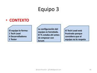 Equipo 3
• CONTEXTO
@JavierPerezFer - jpf1980@gmail.com 40
El equipo lo forma:
1 Tech Lead
4 Desarrolladores
1 Tester
La configuración del
equipo es heredada.
El TL estaba ahí antes
de empezar con
Scrum
El Tech Lead está
frustrado porque
considera que el
equipo no le respeta
 