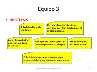 Equipo 3
• HIPÓTESIS
@JavierPerezFer - jpf1980@gmail.com 49
Management quiere tener un
único responsable en el equipo
No todo el equipo discute las
decisiones del Tech Lead porque él
es el responsable
Al Tech Lead le gusta
su estatus
Nadie del equipo
entiende Scrum
Algún desarrollador
quiere el puesto del
Tech Lead
El Tech Lead quiere que el equipo tome
responsabilidad y que respete su experiencia
 