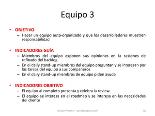 Equipo 3
• OBJETIVO
– Hacer un equipo auto-organizado y que los desarrolladores muestren
responsabilidad
• INDICADORES GUÍA
– Miembros del equipo exponen sus opiniones en la sesiones de
refinado del backlog
– En el daily stand-up miembros del equipo preguntan y se interesan por
las tareas del equipo a sus compañeros
– En el daily stand-up miembros de equipo piden ayuda
• INDICADORES OBJETIVO
– El equipo al completo presenta y celebra la review.
– El equipo se interesa en el roadmap y se interesa en las necesidades
del cliente
@JavierPerezFer - jpf1980@gmail.com 50
 