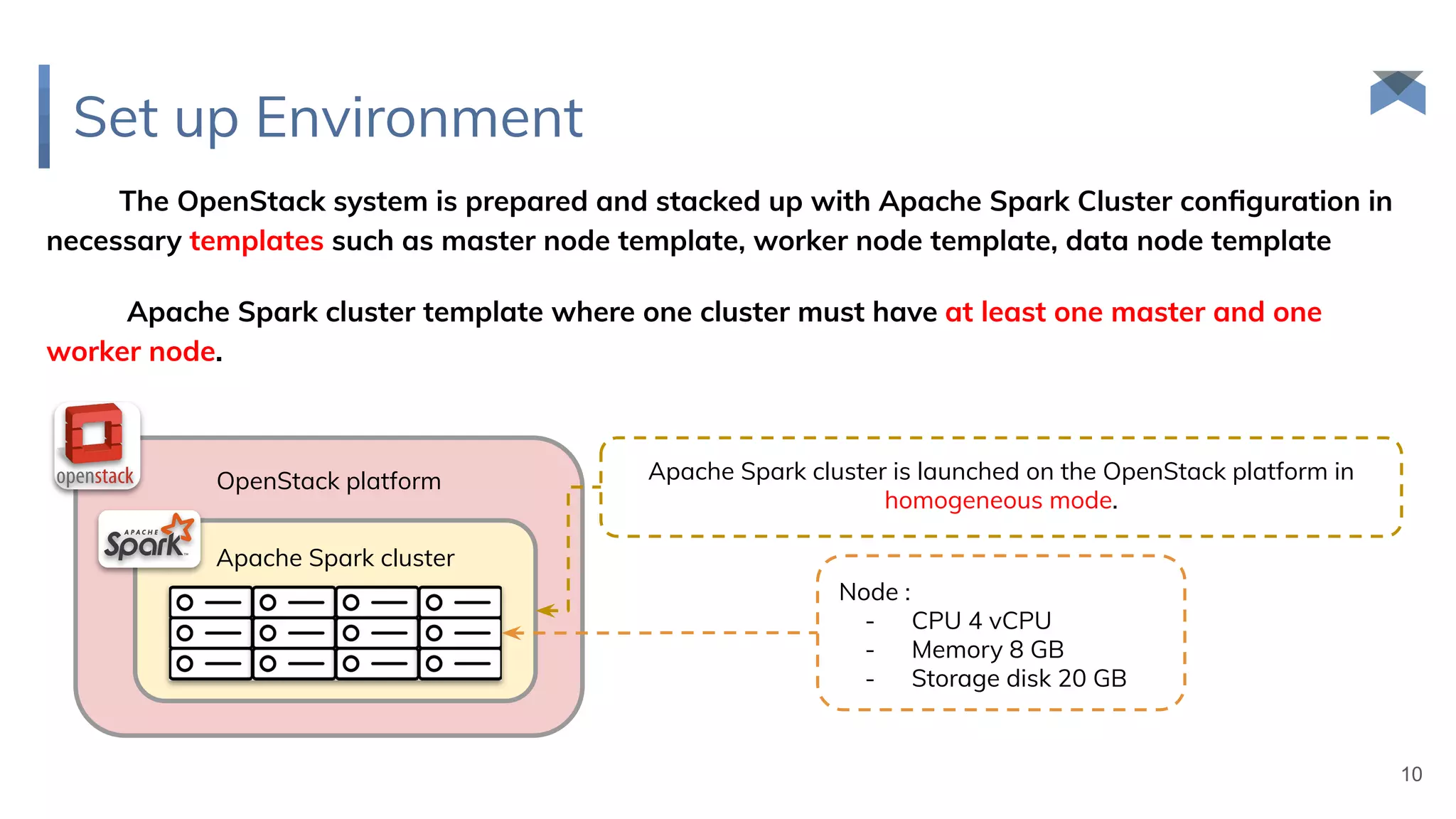 Set up Environment
10
The OpenStack system is prepared and stacked up with Apache Spark Cluster conﬁguration in
necessary templates such as master node template, worker node template, data node template
Apache Spark cluster template where one cluster must have at least one master and one
worker node.
OpenStack platform
Apache Spark cluster
Apache Spark cluster is launched on the OpenStack platform in
homogeneous mode.
Node :
- CPU 4 vCPU
- Memory 8 GB
- Storage disk 20 GB
 