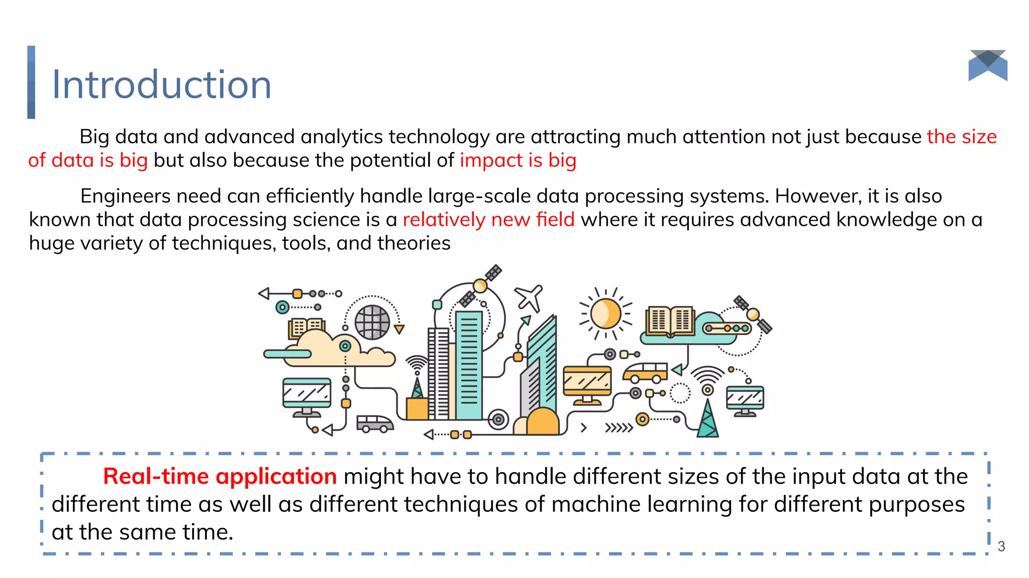 Introduction
3
Big data and advanced analytics technology are attracting much attention not just because the size
of data is big but also because the potential of impact is big
Real-time application might have to handle different sizes of the input data at the
different time as well as different techniques of machine learning for different purposes
at the same time.
Engineers need can efﬁciently handle large-scale data processing systems. However, it is also
known that data processing science is a relatively new ﬁeld where it requires advanced knowledge on a
huge variety of techniques, tools, and theories
 