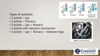 Types of seatbelts:
• 2 points – Lap
• 2 points – Thoracic
• 3 points – Lap + thoracic
• 3 points with retractor mechanism
• 5 points – Lap + thoracic + between legs
 