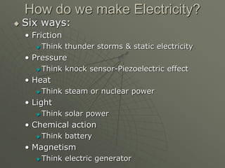 How do we make Electricity?
 Six ways:
• Friction
 Think thunder storms & static electricity
• Pressure
 Think knock sensor-Piezoelectric effect
• Heat
 Think steam or nuclear power
• Light
 Think solar power
• Chemical action
 Think battery
• Magnetism
 Think electric generator
 