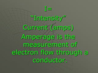 I=
“Intensity”
Current (amps)
Amperage is the
measurement of
electron flow through a
conductor.
 