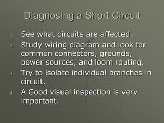 Diagnosing a Short Circuit
1. See what circuits are affected.
2. Study wiring diagram and look for
common connectors, grounds,
power sources, and loom routing.
3. Try to isolate individual branches in
circuit.
4. A Good visual inspection is very
important.
 