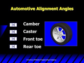 Courtesy of Hunter Engineering Company
Automotive Alignment Angles
Camber
Caster
Front toe
Rear toe
 