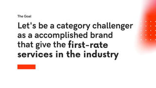 Let's be a category challenger
as a accomplished brand
that give the
The Goal
first-rate
services in the industry
 