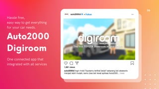 One connected app that
integrated with all services
Auto2000
Digiroom
06
Hassle free,
easy way to get everything
for your car needs.
 