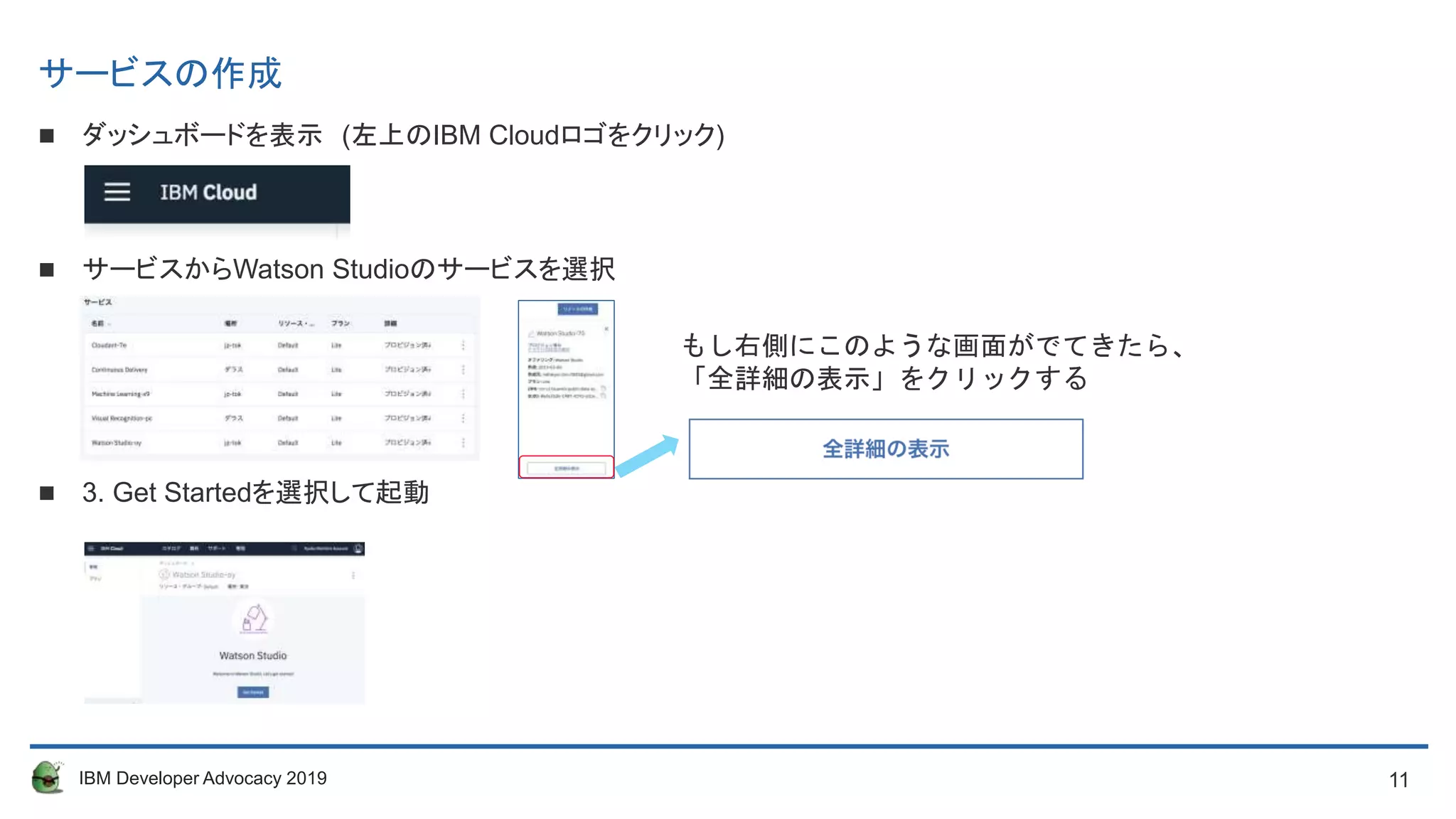 11IBM Developer Advocacy 2019
サービスの作成
 ダッシュボードを表示 (左上のIBM Cloudロゴをクリック)
 サービスからWatson Studioのサービスを選択
 3. Get Startedを選択して起動
もし右側にこのような画面がでてきたら、
「全詳細の表示」をクリックするもし右側にこのような画面がでてきたら、
「全詳細の表示」をクリックする
 