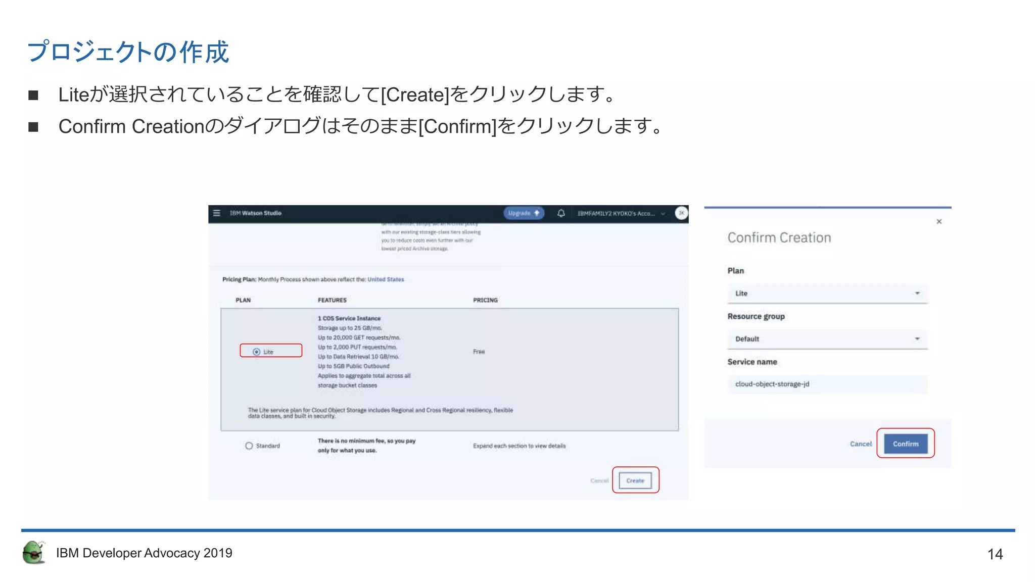 14IBM Developer Advocacy 2019
プロジェクトの作成
 Liteが選択されていることを確認して[Create]をクリックします。
 Confirm Creationのダイアログはそのまま[Confirm]をクリックします。
 