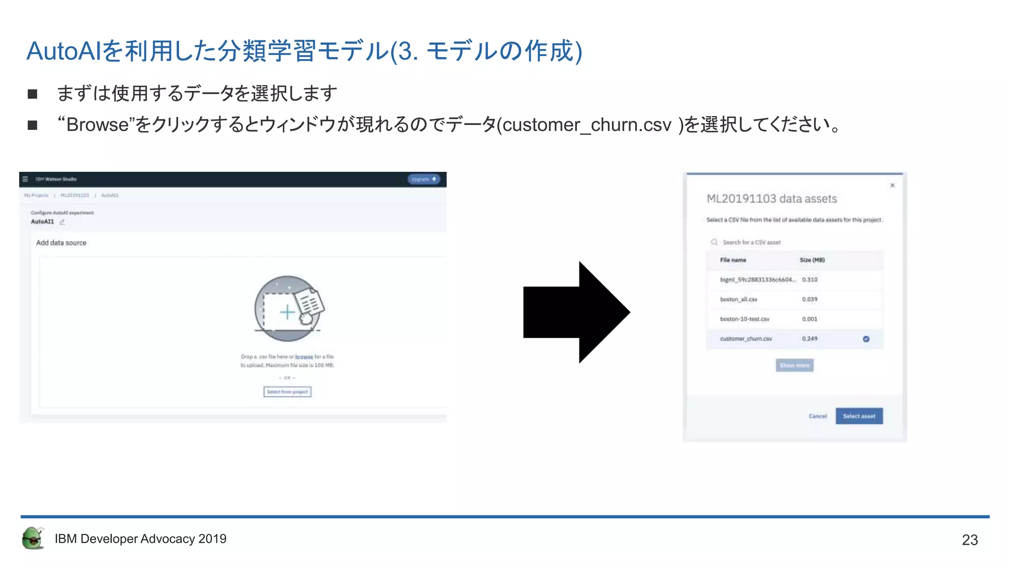 23IBM Developer Advocacy 2019
AutoAIを利用した分類学習モデル(3. モデルの作成)
 まずは使用するデータを選択します
 “Browse”をクリックするとウィンドウが現れるのでデータ(customer_churn.csv )を選択してください。
 