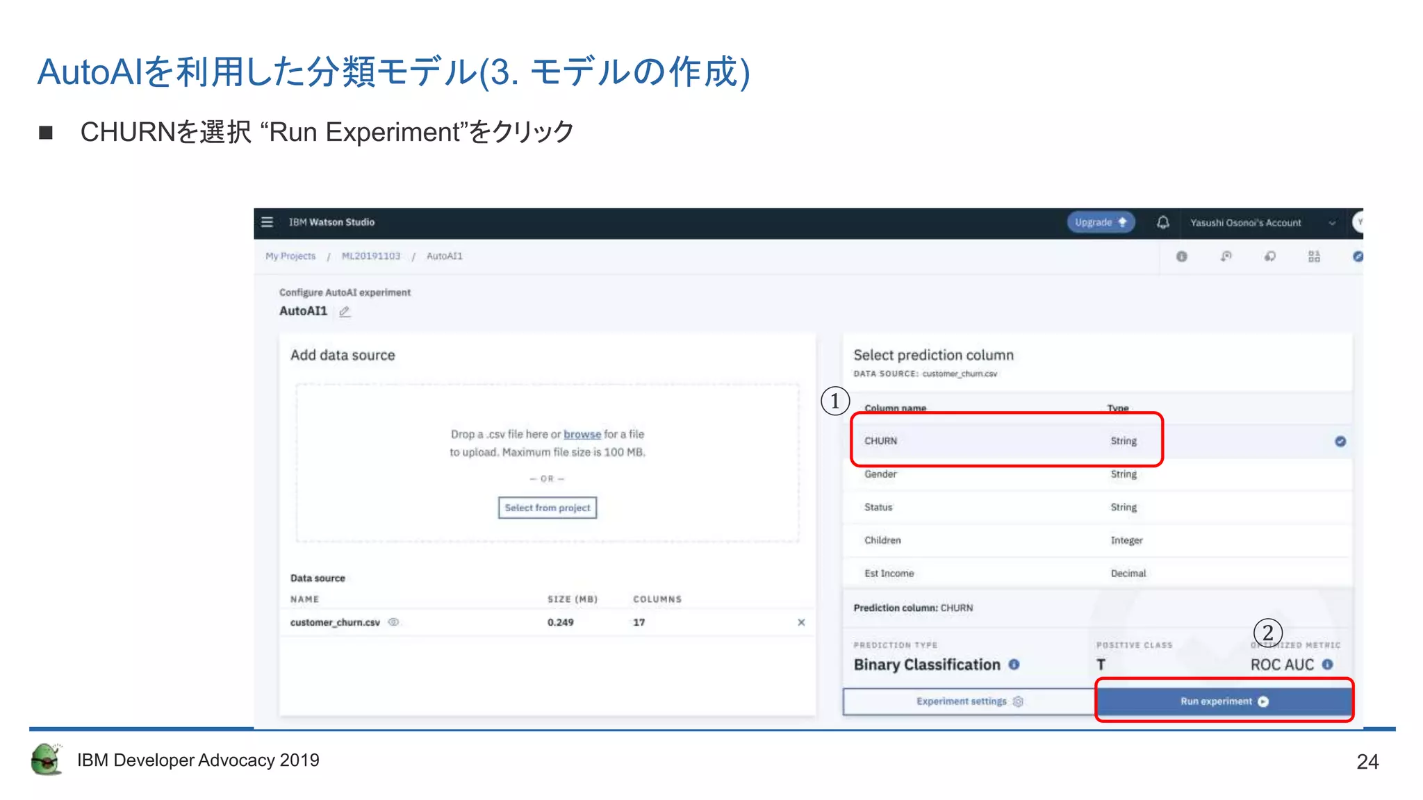 24IBM Developer Advocacy 2019
 CHURNを選択 “Run Experiment”をクリック
①
②
AutoAIを利用した分類モデル(3. モデルの作成)
 