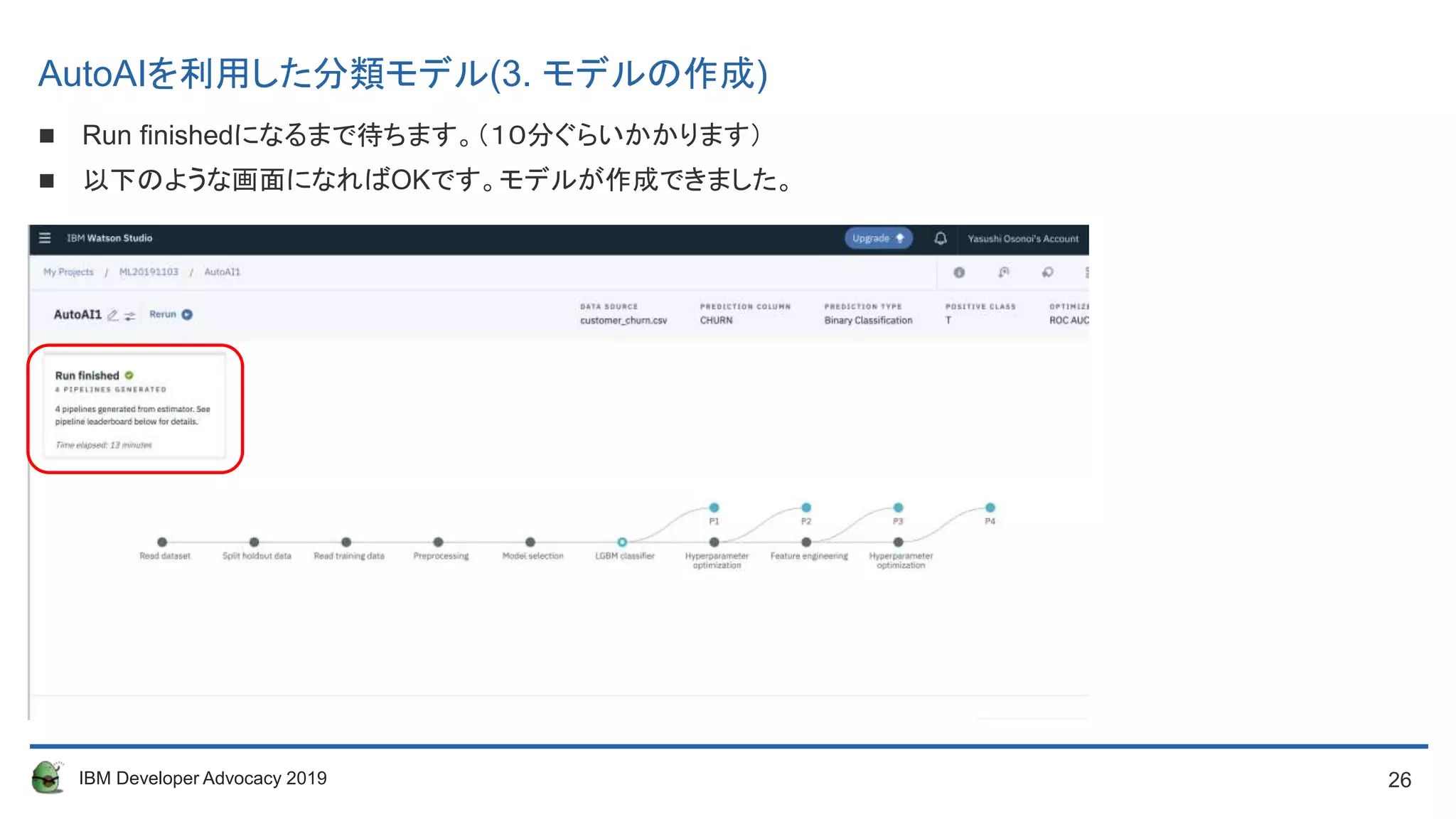 26IBM Developer Advocacy 2019
 Run finishedになるまで待ちます。（１０分ぐらいかかります）
 以下のような画面になればOKです。モデルが作成できました。
AutoAIを利用した分類モデル(3. モデルの作成)
 
