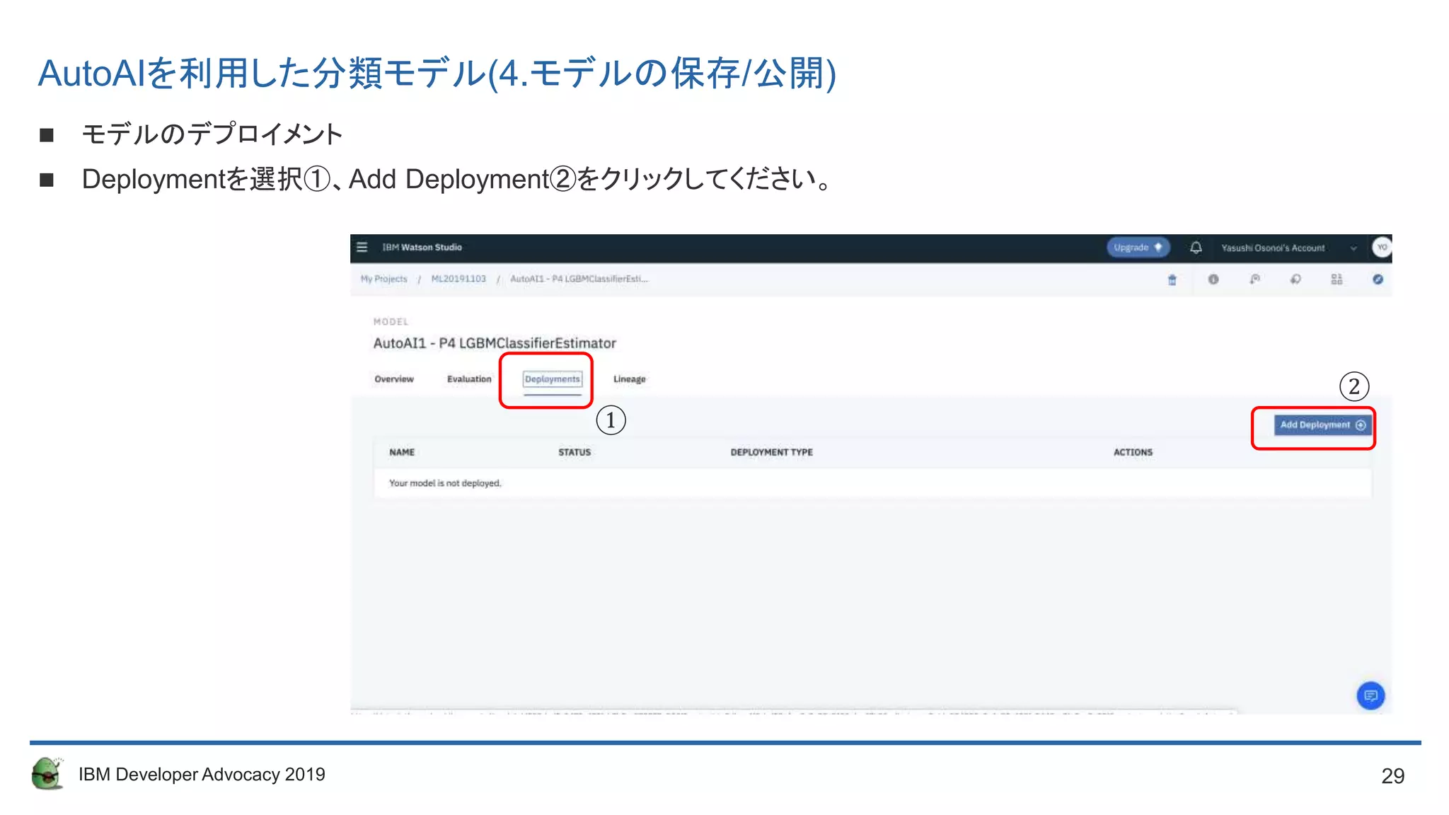 29IBM Developer Advocacy 2019
 モデルのデプロイメント
 Deploymentを選択①、Add Deployment②をクリックしてください。
①
②
AutoAIを利用した分類モデル(4.モデルの保存/公開)
 