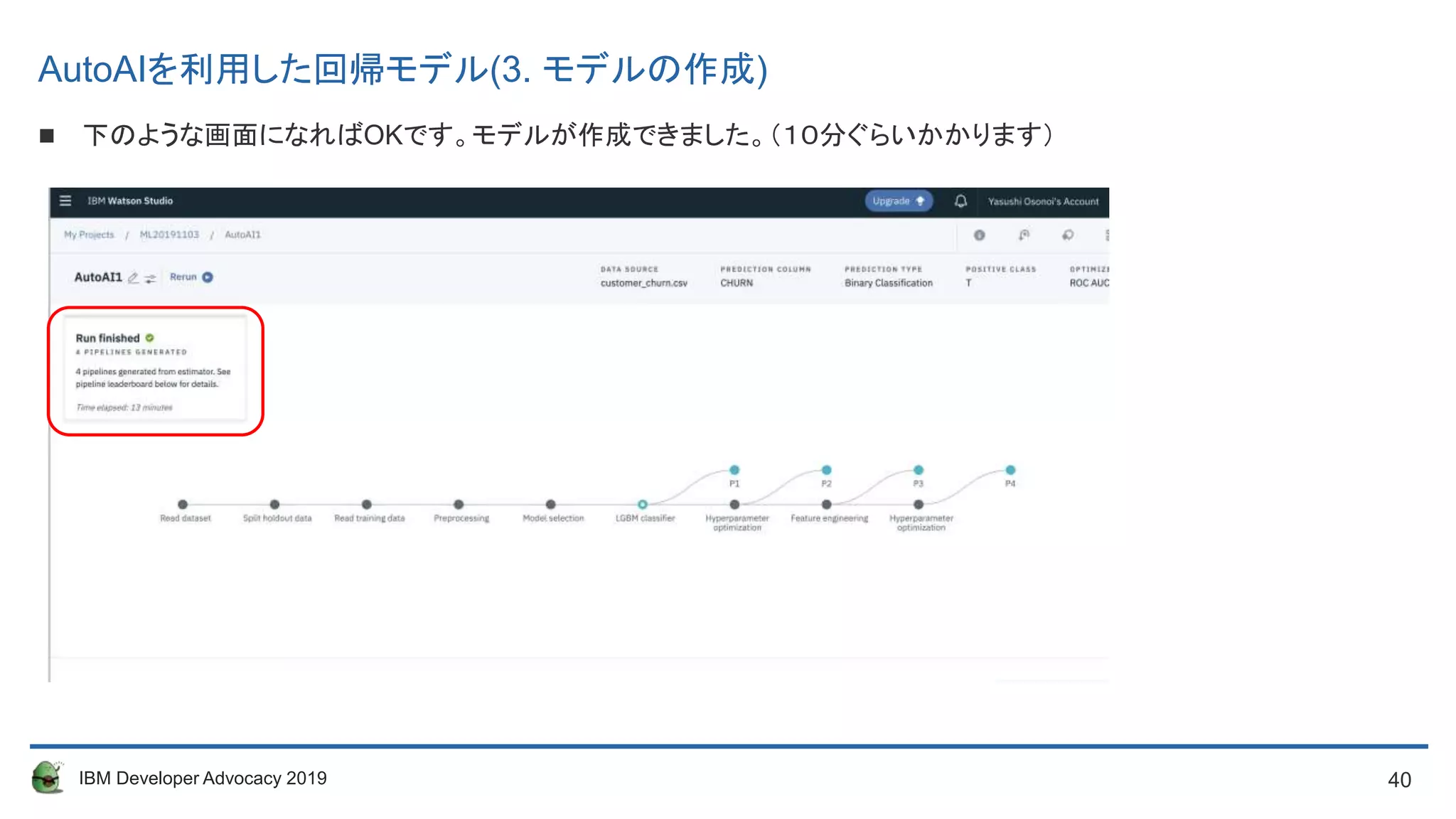 40IBM Developer Advocacy 2019
 下のような画面になればOKです。モデルが作成できました。（１０分ぐらいかかります）
AutoAIを利用した回帰モデル(3. モデルの作成)
 
