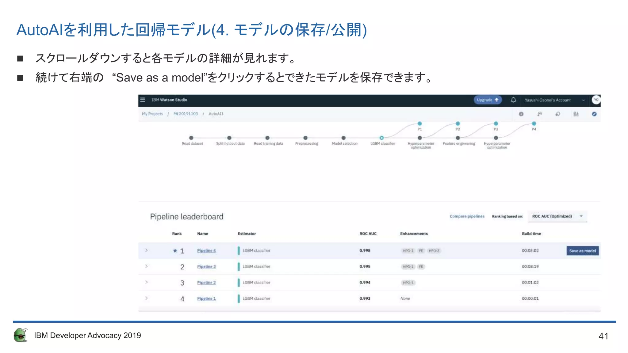 41IBM Developer Advocacy 2019
 スクロールダウンすると各モデルの詳細が見れます。
 続けて右端の “Save as a model”をクリックするとできたモデルを保存できます。
AutoAIを利用した回帰モデル(4. モデルの保存/公開)
 