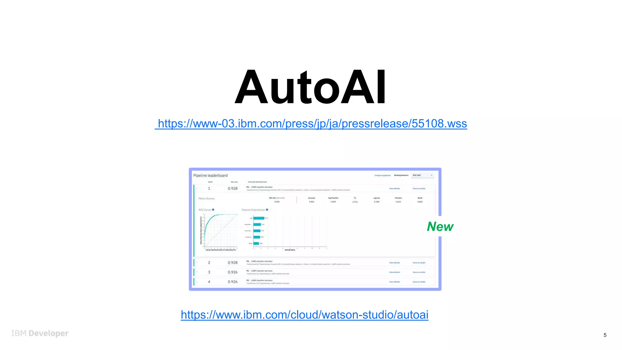5
AutoAI
New
https://www.ibm.com/cloud/watson-studio/autoai
https://www-03.ibm.com/press/jp/ja/pressrelease/55108.wss
 