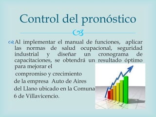 Control del pronóstico
              
 Al implementar el manual de funciones, aplicar
  las normas de salud ocupacional, seguridad
  industrial y diseñar un cronograma de
  capacitaciones, se obtendrá un resultado óptimo
  para mejorar el
  compromiso y crecimiento
 de la empresa Auto de Aires
 del Llano ubicado en la Comuna
 6 de Villavicencio.
 