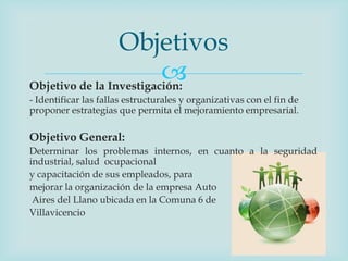 Objetivos
                         
Objetivo de la Investigación:
- Identificar las fallas estructurales y organizativas con el fin de
proponer estrategias que permita el mejoramiento empresarial.

Objetivo General:
Determinar los problemas internos, en cuanto a la seguridad
industrial, salud ocupacional
y capacitación de sus empleados, para
mejorar la organización de la empresa Auto
 Aires del Llano ubicada en la Comuna 6 de
Villavicencio
 