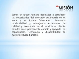 *
Somos un grupo humano dedicados a satisfacer
las necesidades del mercado automotriz en el
Meta y los Llanos Orientales         buscando
productividad y manejando estándares de
calidad y excelencia en el servicio al cliente
basados en el permanente cambio y apoyado en
capacitación, tecnología y disponibilidad de
nuestro recurso humano.
 