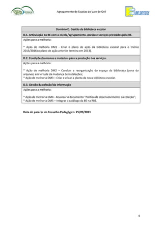 Agrupamento de Escolas do Vale de Ovil

Domínio D. Gestão da biblioteca escolar
D.1. Articulação da BE com a escola/agrupamento. Acesso e serviços prestados pela BE.
Ações para a melhoria:
* Ação de melhoria DM1 - Criar o plano de ação da biblioteca escolar para o triénio
2013/2016 (o plano de ação anterior termina em 2013).
D.2. Condições humanas e materiais para a prestação dos serviços.
Ações para a melhoria:
* Ação de melhoria DM2 – Concluir a reorganização do espaço da biblioteca (zona do
arquivo), em virtude da mudança de instalações;
* Ação de melhoria DM3 – Criar e afixar a planta da nova biblioteca escolar.
D.3. Gestão da coleção/da informação
Ações para a melhoria:
* Ação de melhoria DM4 - Atualizar o documento “Política de desenvolvimento da coleção”;
* Ação de melhoria DM5 – Integrar o catálogo da BE na RBE.

Data do parecer do Conselho Pedagógico: 25/09/2013

4

 