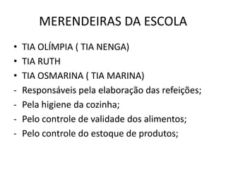 MERENDEIRAS DA ESCOLA
•   TIA OLÍMPIA ( TIA NENGA)
•   TIA RUTH
•   TIA OSMARINA ( TIA MARINA)
-   Responsáveis pela elaboração das refeições;
-   Pela higiene da cozinha;
-   Pelo controle de validade dos alimentos;
-   Pelo controle do estoque de produtos;
 