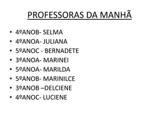 PROFESSORAS DA MANHÃ
•   4ºANOB- SELMA
•   4ºANOA- JULIANA
•   5ºANOC - BERNADETE
•   3ºANOA- MARINEI
•   5ºANOA- MARILDA
•   5ºANOB- MARINILCE
•   3ºANOB –DELCIENE
•   4ºANOC- LUCIENE
 