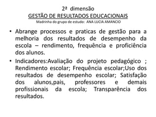 2ª dimensão
      GESTÃO DE RESULTADOS EDUCACIONAIS
         Madrinha do grupo de estudo: ANA LUCIA AMANCIO

• Abrange processos e praticas de gestão para a
  melhoria dos resultados de desempenho da
  escola – rendimento, frequência e proficiência
  dos alunos.
• Indicadores:Avaliação do projeto pedagógico ;
  Rendimento escolar; Frequência escolar;Uso dos
  resultados de desempenho escolar; Satisfação
  dos alunos,pais, professores e demais
  profissionais da escola; Transparência dos
  resultados.
 