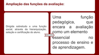 Ampliação das funções da avaliação:

Dirigida sobretudo a uma função
social, através da hierarquização,
seleção e certificação do aluno.

Uma
função
pedagógica,
que
encara a avaliação
como um elemento
essencial
no
processo de ensino e
de aprendizagem.

 