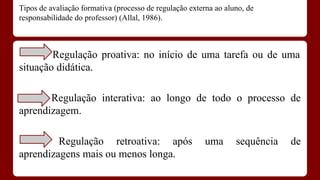 Tipos de avaliação formativa (processo de regulação externa ao aluno, de
responsabilidade do professor) (Allal, 1986).

Regulação proativa: no início de uma tarefa ou de uma
situação didática.
Regulação interativa: ao longo de todo o processo de
aprendizagem.
Regulação retroativa: após
aprendizagens mais ou menos longa.

uma

sequência

de

 