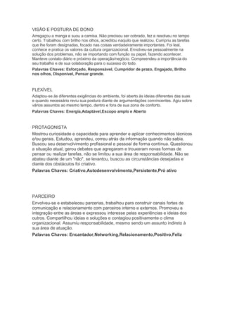 VISÃO E POSTURA DE DONO
Arregaçou a manga e suou a camisa. Não precisou ser cobrado, fez e resolveu no tempo
certo. Trabalhou com brilho nos olhos, acreditou naquilo que realizou. Cumpriu as tarefas
que lhe foram designadas, focado nas coisas verdadeiramente importantes. Foi leal,
conhece e pratica os valores da cultura organizacional. Envolveu-se pessoalmente na
solução dos problemas, não se importando com função ou papel, fazendo acontecer.
Manteve contato diário e próximo da operação/negócio. Compreendeu a importância do
seu trabalho e de sua colaboração para o sucesso do todo.
Palavras Chaves: Esforçado, Responsável, Cumpridor de prazo, Engajado, Brilho
nos olhos, Disponível, Pensar grande.
FLEXÍVEL
Adaptou-se às diferentes exigências do ambiente, foi aberto às ideias diferentes das suas
e quando necessário reviu sua postura diante de argumentações convincentes. Agiu sobre
vários assuntos ao mesmo tempo, dentro e fora de sua zona de conforto.
Palavras Chaves: Energia,Adaptável,Escopo amplo e Aberto
PROTAGONISTA
Mostrou curiosidade e capacidade para aprender e aplicar conhecimentos técnicos
e/ou gerais. Estudou, aprendeu, correu atrás da informação quando não sabia.
Buscou seu desenvolvimento profissional e pessoal de forma contínua. Questionou
a situação atual, gerou debates que agregaram e trouxeram novas formas de
pensar ou realizar tarefas, não se limitou a sua área de responsabilidade. Não se
abateu diante de um "não", se levantou, buscou as circunstâncias desejadas e
diante dos obstáculos foi criativo.
Palavras Chaves: Criativo,Autodesenvolvimento,Persistente,Pró ativo
PARCEIRO
Envolveu-se e estabeleceu parcerias, trabalhou para construir canais fortes de
comunicação e relacionamento com parceiros interno e externos. Promoveu a
integração entre as áreas e expressou interesse pelas experiências e ideias dos
outros. Compartilhou ideias e soluções e contagiou positivamente o clima
organizacional. Assumiu responsabilidade, mesmo sendo um assunto indireto à
sua área de atuação.
Palavras Chaves: Encantador,Networking,Relacionamento,Positivo,Feliz
 