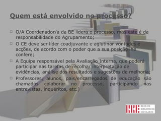Quem está envolvido no processo? O/A Coordenador/a da BE lidera o processo, mas este é da responsabilidade do Agrupamento; O CE deve ser líder coadjuvante e aglutinar vontades e acções, de acordo com o poder que a sua posição lhe confere;  A Equipa responsável pela Avaliação Interna, que poderá participar nas tarefas de recolha/ interpretação de evidências, análise dos resultados e sugestões de melhoria; Professores, alunos, pais/encarregados de educação são chamados colaborar no processo, participando nas entrevistas, inquéritos, etc.) 