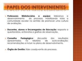    Professores   Bibliotecários e   equipa:   liderança e
    desenvolvimento       do processo, mobilizando toda a
    comunidade escolar no sentido de promover uma cultura
    de avaliação.


   Docentes, alunos e Encarregados de Educação: resposta a
    questionários, entrevistas e grelhas de observação.


   Conselho   Pedagógico:      discussão   dos    resultados
    apresentados   no      relatório    de   auto-avaliação;
    recomendações a incluir no plano de desenvolvimento.


   Órgão de Gestão: líder coadjuvante do processo.
 