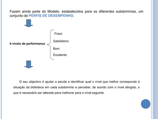 Fazem ainda parte do Modelo, estabelecidos para os diferentes subdomínios, um conjunto de  PERFIS DE DESEMPENHO .  4 níveis de performance Fraco Satisfatório Bom Excelente O seu objectivo é ajudar a escola a identificar qual o nível que melhor corresponde à situação da biblioteca em cada subdomínio e perceber, de acordo com o nível atingido, o que é necessário ser alterado para melhorar para o nível seguinte. 