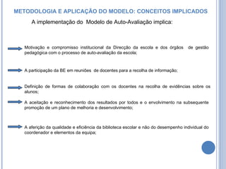 METODOLOGIA E APLICAÇÃO DO MODELO: CONCEITOS IMPLICADOS A implementação do  Modelo de Auto-Avaliação implica: Motivação e compromisso institucional da Direcção da escola e dos órgãos  de gestão pedagógica com o processo de auto-avaliação da escola; A participação da BE em reuniões  de docentes para a recolha de informação; Definição de formas de colaboração com os docentes na recolha de evidências sobre os alunos; A aceitação e reconhecimento dos resultados por todos e o envolvimento na subsequente promoção de um plano de melhoria e desenvolvimento; A aferição da qualidade e eficiência da biblioteca escolar e não do desempenho individual do coordenador e elementos da equipa; 